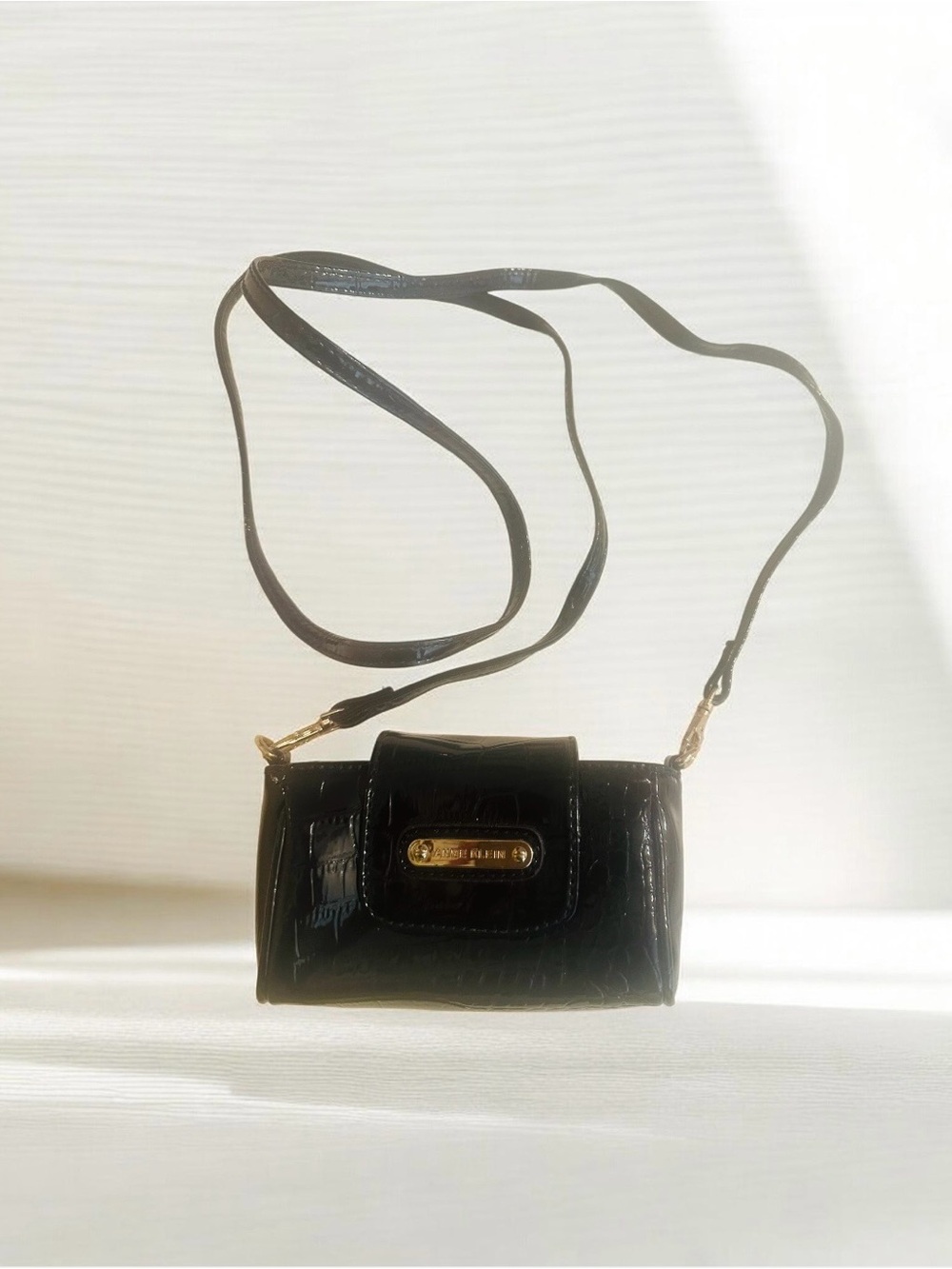 Anne Klein Black Patent Crossbody with Gold Plaque